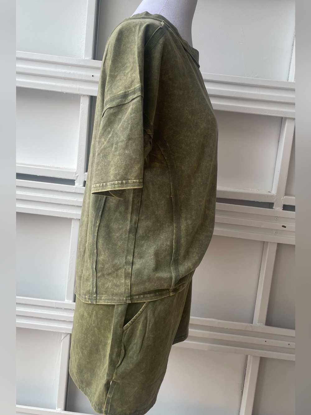 Zenana- Washed 2 piece Short and Shirt Set- Olive Green - Picture 3 of 4